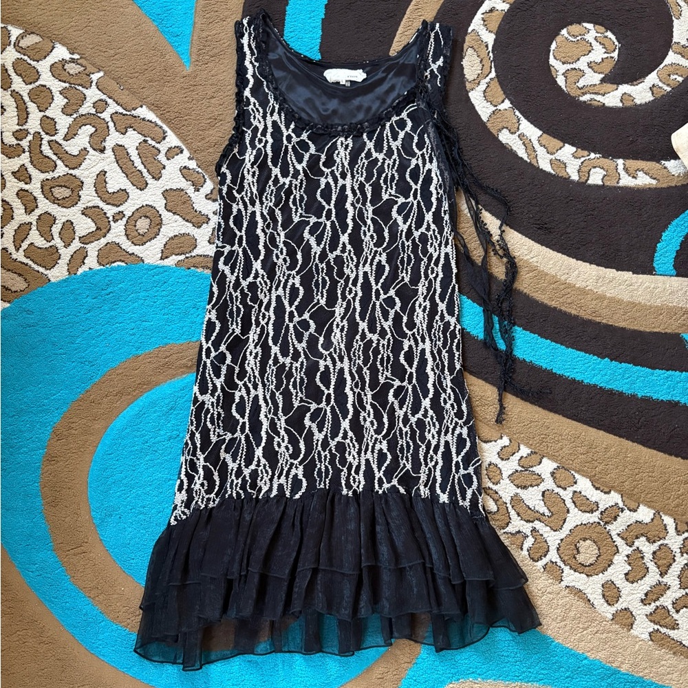 A'Reve Elegant Black Lace Ruffle Bow Dress with White Floral Design